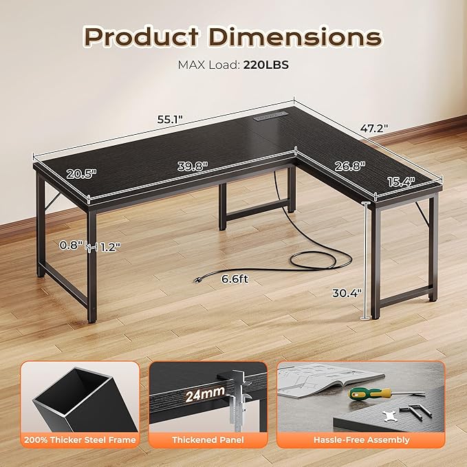 Huuger 55 Inch L Shaped Desk with Power Outlets & 0.95 Inch Thicker Desktop | Reversible Computer Desk, Larger Office Corner Gaming Desk, Metal Frame, for Home Office, Study, Black