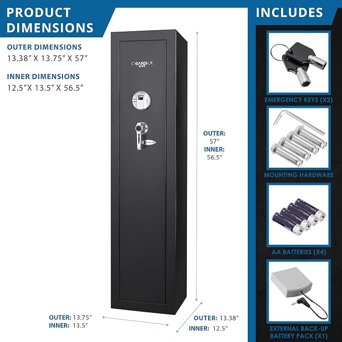 Barska Biometric Rifle Gun Safe – Quick Access Fingerprint Long Gun Safe for Home, DOJ Approved, Silent Mode, Removable Shelf, Backup Keys & Battery