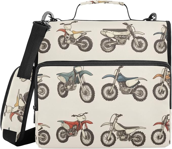 Fisyme Vintage Dirt Bikes Zipper Binder 3 Ring with Zipper and Shoulder Strap Large Capacity Multi-Pocket Binder Organizer