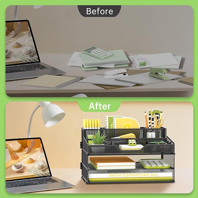 3 Tier Desk Organizer, Mesh Letter Tray Paper Organizer with 5 Adjustable Storage Compartments & Pen Holder, Metal Desk Accessories for Home Office School, Black