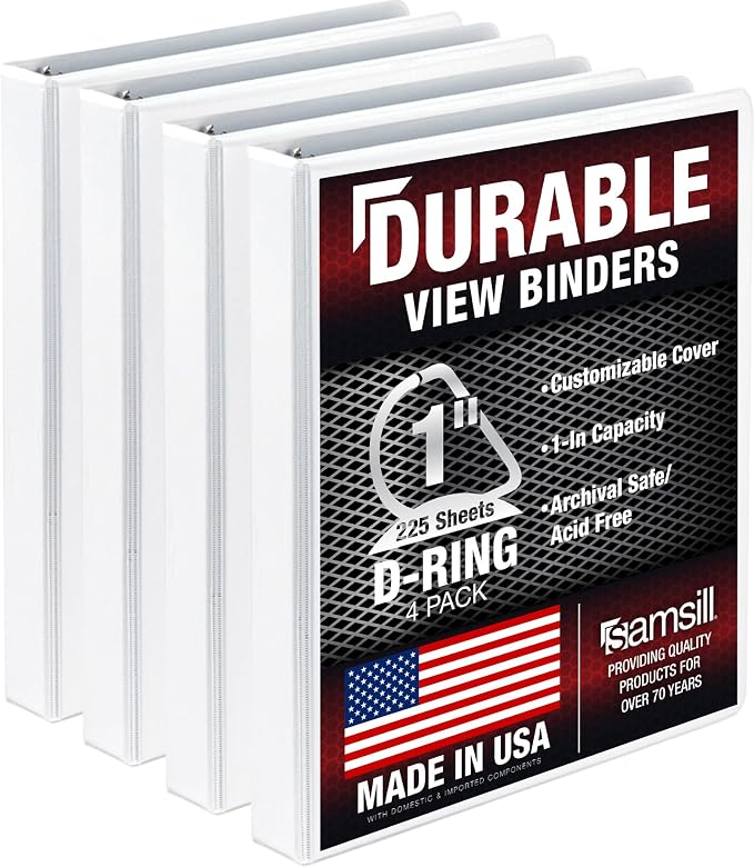 Samsill Durable 1 inch 3 Ring Binder, D Ring Binder, 100% Recycled Chipboard, White, 4 Pack
