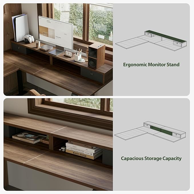 Agilestic 63 Inch L Shaped Electric Standing Desk with Drawer, Dark Walnut | 2 Stroage Drawers, Monitor Shelf, Corner Desk, Ample Workspace, Memory Presets, Hooks, Stable Steel Frame,176 lbs