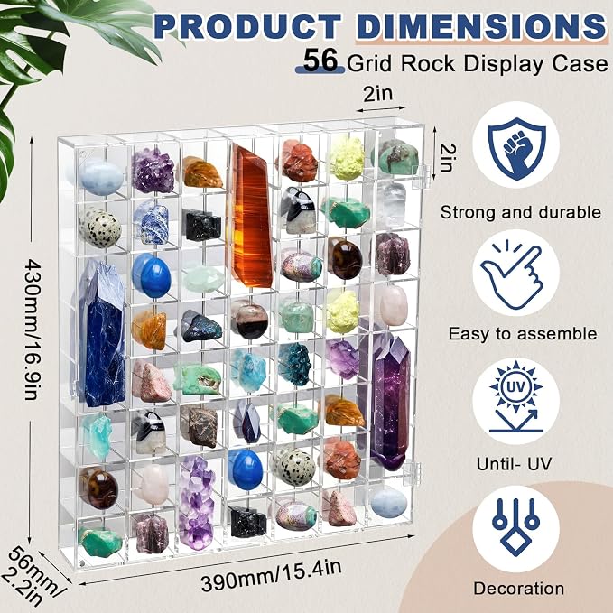 Cinnvoice Rock Display Case 20 Grids, Black Border, Square | Adjustable Acrylic Display Case, Crystal Organizer for Collectible, with Built-in Mirrored, Magnetic Door, Wall Mount