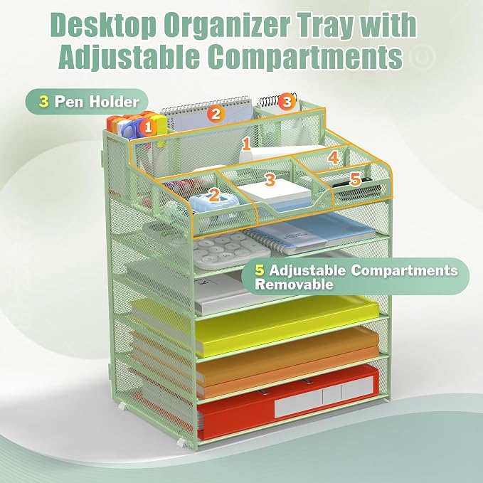 Docnest 6 Tier Mesh Desk Organizer with Letter Tray & Paper Sorter, Green | Features 3 built-in pen holders & 5 adjustable compartments on top. Includes 4 non-slip rubber feet for desk protection