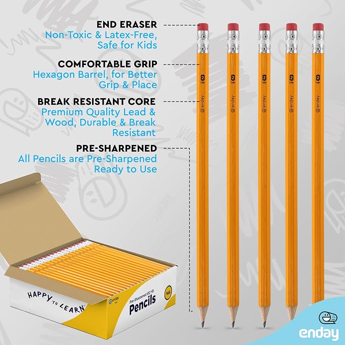 Enday #2 Pencils Bulk - 144 Pack - Pre-Sharpened Wood-Cased Yellow Graphite Pencils for Kids with Latex-Free Eraser Top for Office and Classroom Supplies