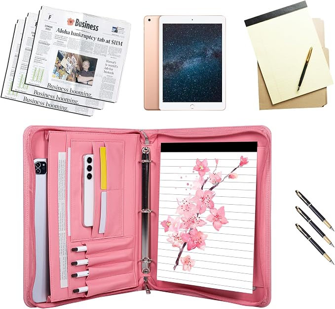 Fashionable Mesh Super Pink PU Padfolio, Vegan Leather Binder Portfolio for Women, 3 Ring Padfolio with Zipper, A4 Planner Binder Laptop Pocket, Legal Size Portfolio, Christmas Gift