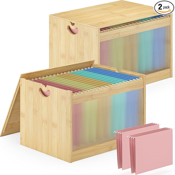 Bamboo Hanging File Box Organizer with Lid, File Folder, Nature, 2 Pack