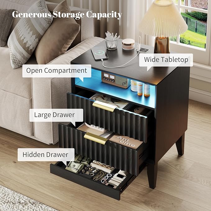 LED Nightstand Set of 2, RFID Lock, Charging Station, Black | Bedside Table with Hidden Drawer, 2 Drawers, Open Cubby, Motion Sensor, USB and Type-C Ports, Night Stand for Bedroom
