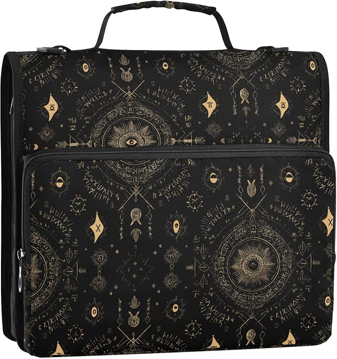 Boho Black Pattern 3 Ring Zipper Binder with Shoulder Strap & Handle 1.5 Inch D-Ring Zippered Bag with Pencil Pouch,Multiple Pocket & Expanding File Folder, Binder Organizer for School or Office