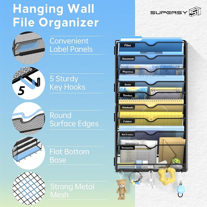 10-Tier Wall File Organizer with Hooks, Hanging File Organizer | Metal Mesh Mail Organizer, Wall Mounted File Organizer for Home, Classroom, Office Organization