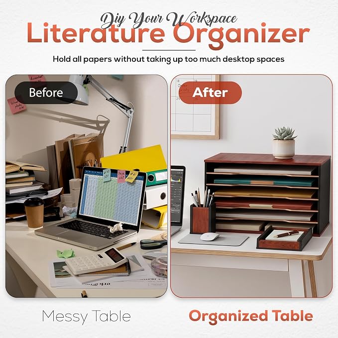 Wooden Paper Organizer 20.25"W x 12.25"H x 13.25"D, 6-Tier Storage for 12"x18" & 11"x17" Sheets, Includes Matching Pen Holder & Tray, Ideal for Office, Home, Art Room and Classroom