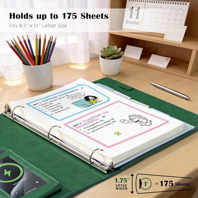 Ospelelf Green Leather 3 Ring Binder 1 Inch Round Ring, Magnetic Clipboard Folio with Storage Zipper Pouch, 5 Dividers with 10 Pockets, Professional Binder for School Office Nursing