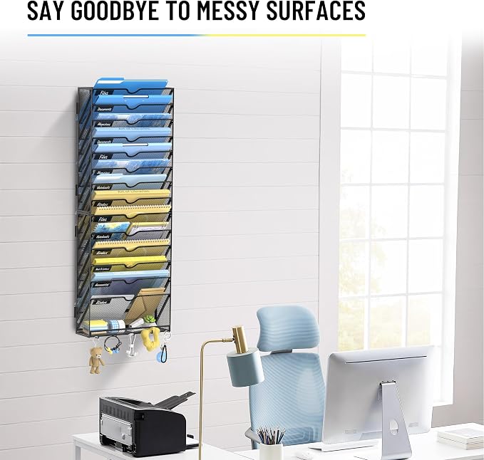 15-Tier Wall File Organizer with Hooks, Hanging File Organizer | Metal Mesh Mail Organizer, Wall Mounted File Organizer for Home, Classroom, Office Organization