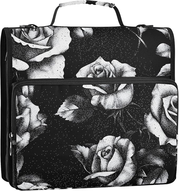 Black and White Roses 3 Ring Binder Bag 1.5 inch Binder Organizer with Zipper Shoulder Strap 500 Sheet Documents Storage for School Office