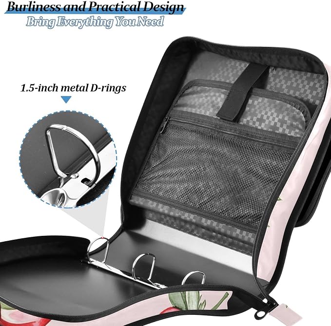 Strawberries Bows Pattern Zipper Binder 3 Ring Binder with Shoulder Strap 500 Sheet Capacity Storage Organizer File Folder