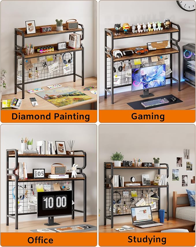 BYMECOST 38.6" Desktop Hutch Bookshelf,2-Tier Desk Shelf with Pegboard | Heavy-Duty Desktop Bookcase With Grid Panel and Hook, Desk Hutch for Computer in Offices or Dorms