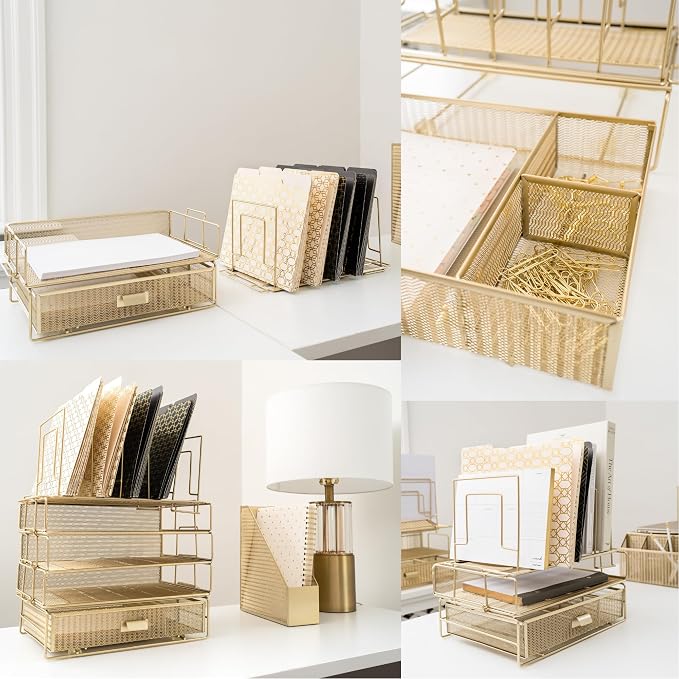 BLU MONACO | Gold Desk Organizer Set with Detachable File Organizer, Stackable Paper Tray & Storage Drawer | Stylish Gold Desk Accessories for Women & Office Organization