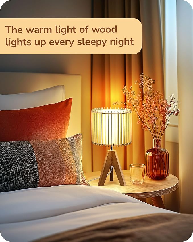 EDISHINE 14.17" Small Table Lamp, Wood-Colored Hollow Shade, E26 Base | Wood Tripod Bedside Lamp, Boho Nightstand Lamp for Bedroom, Living Room, Office, Study