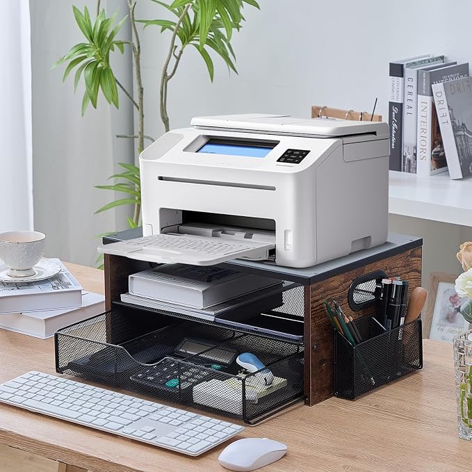 Printer Stand,Desktop Printer Stand with 2-Tier Storage Shelves | for Home Office，Desk Organizer with Drawer and 2 Pen Holders for Fax Machine Scanner Files