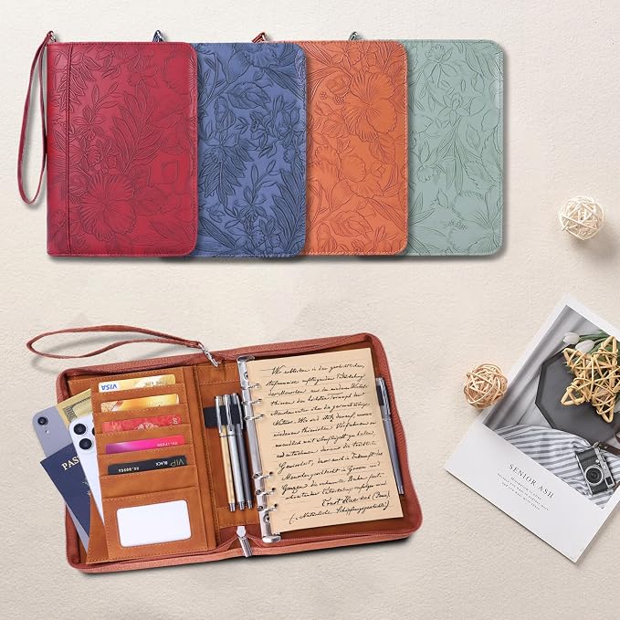 A5 Binder 6 Ring with Zipper, Portable Planner for Travel & Study | Faux leather A5 planner with detachable 6 rings, lined pages, pouches, card slots and pen holder for daily use.