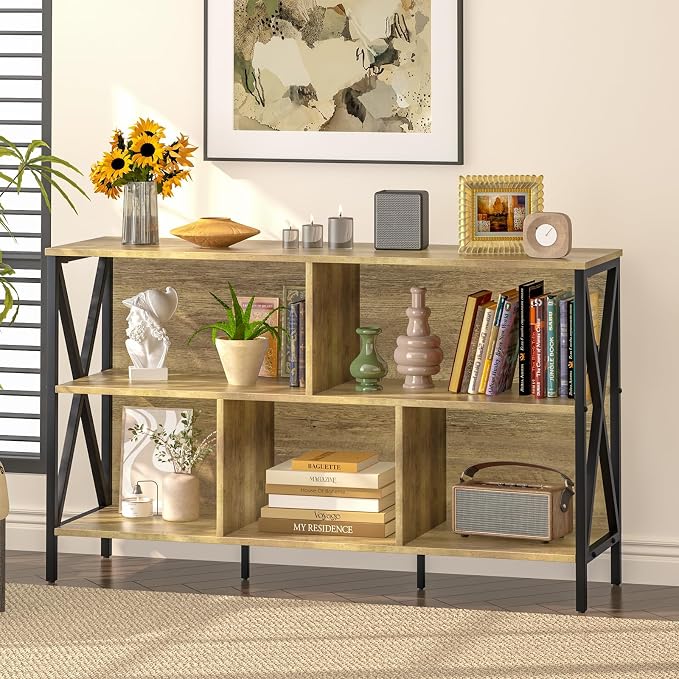 Adompacat 47" Low Horizontal Bookshelf, 5 Cube Wide Storage Organizer, Industrial Wood Metal Cubby Bookcase, Rustic Oak Farmhouse Open Shelf for Bedroom Living Room Home Office(47 in, Oak)
