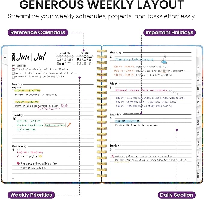 Taja Planner 2026-2027, Jul 2026-Jun 2027 Monthly & Weekly Calendar Planner | 6.3" x 8.5", Hardcover Academic Calendar, Teacher Student Agenda Book with Tabs, School Office Supplies, Golden Meadow