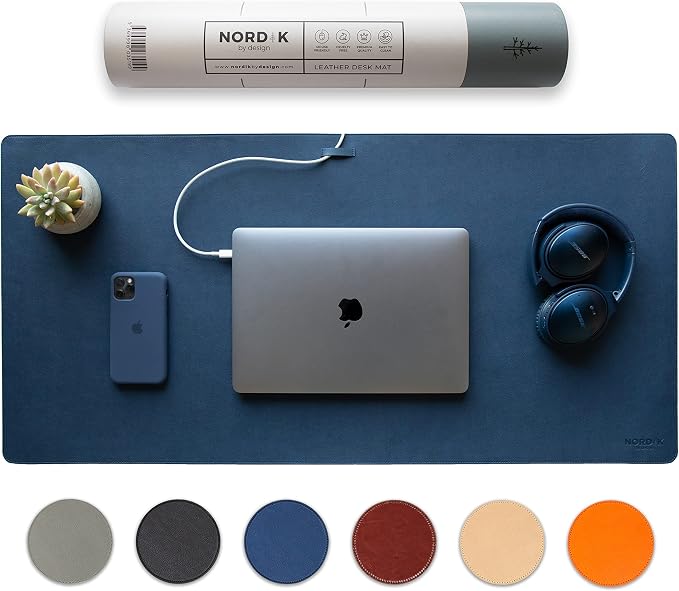 Nordik Leather Desk Mat - Midnight Blue - Large Leather Desk Pad (35x17 in) | Premium Vegan Leather Desk Pad with Cable Organizer, Giftable, Extended Waterproof Mouse Mat, Non-Slip Desk Pad Protector