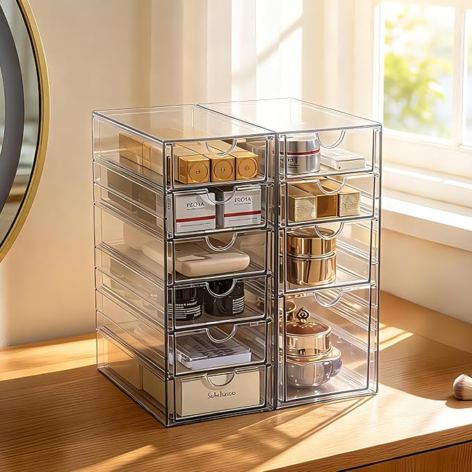 Prsildan Hair Accessories Organizer Acrylic Drawer with 10 Drawers | Clear, Craft Art Supply Storage, For Office Desk Bathroom Vanity Countertop, Set of 2