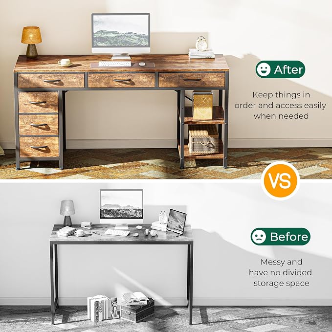 Huuger Computer Desk with 6 Drawers, Office Desk with Shelves, Reversible Gaming Desk, Corner Desk with Storage, Work for Home Office, Study, Living Room, 54inch, Rustic Brown