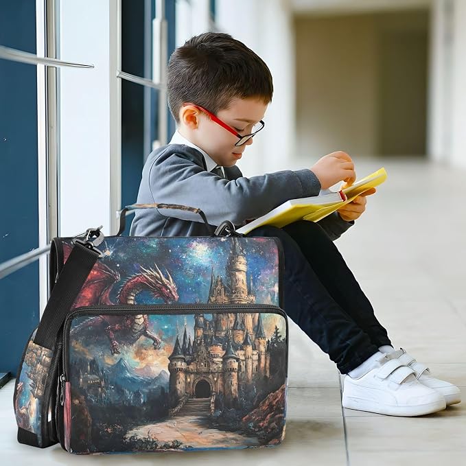 3 Ring Zipper Binder Dragon Castle Binder Organizer Portfolio with File and Shoulder Strap & Handle Large Capacity File Folder