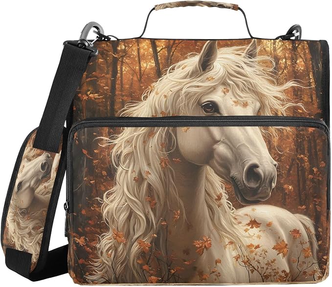 ALAZA Zipper Binder 3 Ring White Horse in The Forest Binder Organizer with Zipper and Shoulder Strap Large Capacity Multi-Pocket Trapper Keeper File Folder for Office Supplies