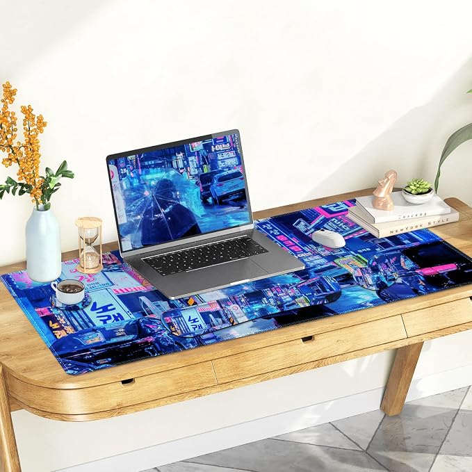 Large Gaming Mouse Pad Set, 4 in 1 Extended Keyboard Desk Mat with Wrist Rest, Computer Game Mousepad, Non-Slip Desk Pad Protector Easy Typing Pain Relief for Home Office I Anime Neon Street