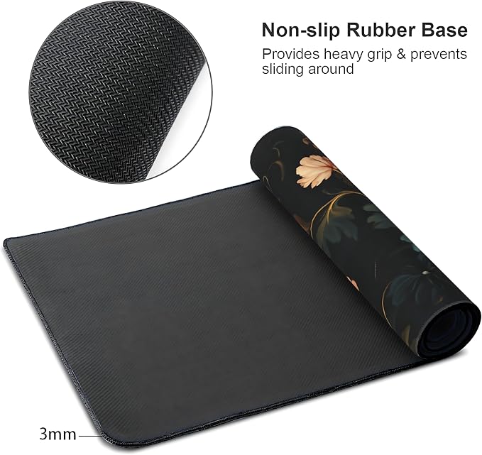 Floral Aesthetic Rose Gaming Mouse Pad, Black Dark Botanical Desk Mat with Anti-Slip Base & Stitched Edges, Office & Home Desk Decor for Women, 35.4" x 15.7" in Computer Desktop Mat