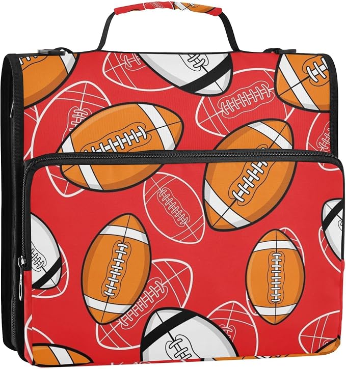 Sports Football Red Print Zipper Binder Bag 3 Ring with Shoulder Strap & Handle Multi Pocket Binder Organizer Bag Large Capacity for School Office Supplies