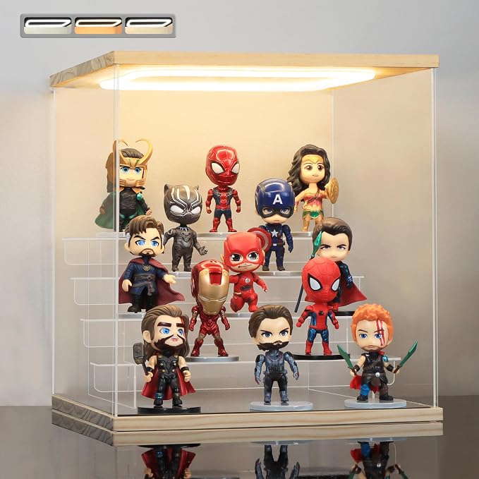 Clear Acrylic Display Case with Light 5 Tier Display Storage Box Assembly Dustproof Showcase for Collectibles Action Figures(Wood, 12.0*10.8*12.5inch)