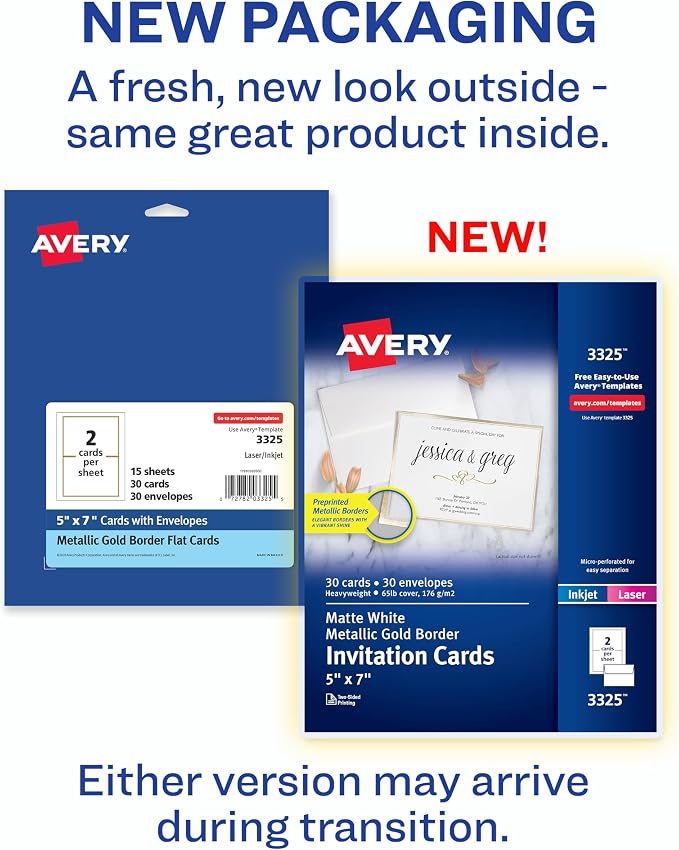 Avery Invitation Cards, Metallic Gold Borders, 5" x 7" Matte White, Laser/Inkjet Printable, 30 Cards and Envelopes (3325)