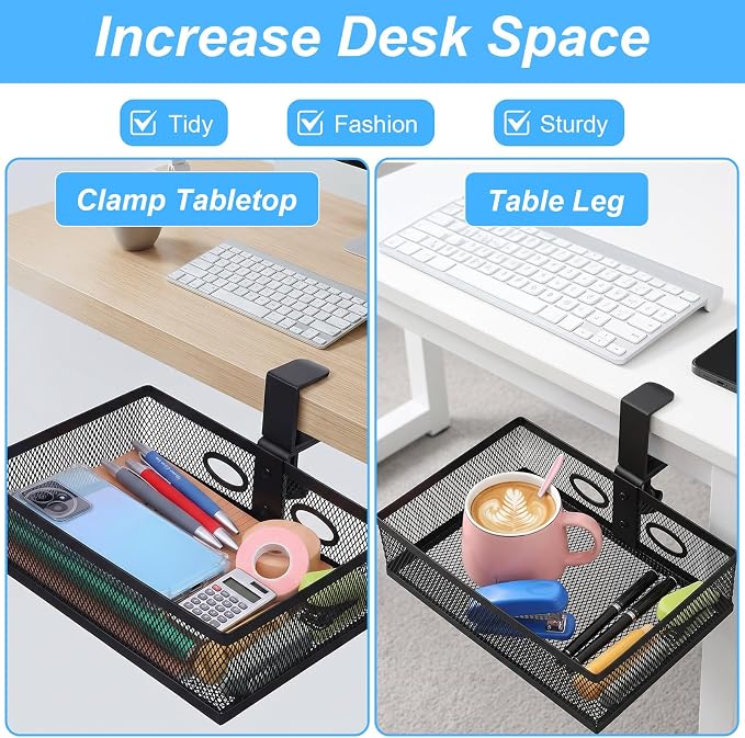 Under Desk Storage Organizer 360 Degree Rotating Under Drawer with Large Mesh Basket Clamp on Desk Drawer for Office Home Workspace Black
