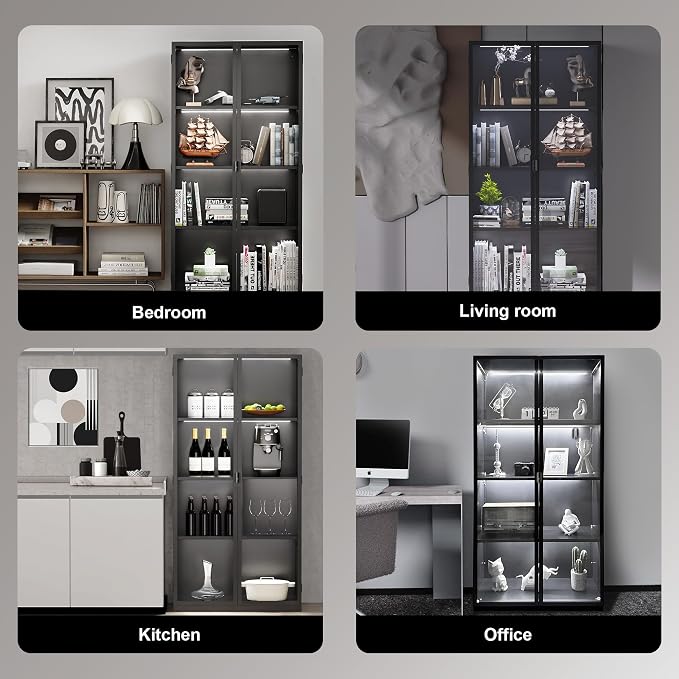 Kelueo 63" H Display Cabinet with Glass Doors,Tall Display Cabinet with LED Lights,Display Case for Collectibles,Glass Display Cabinets with 3 Adjustable Shelves for Living Room,Bedroom,Office