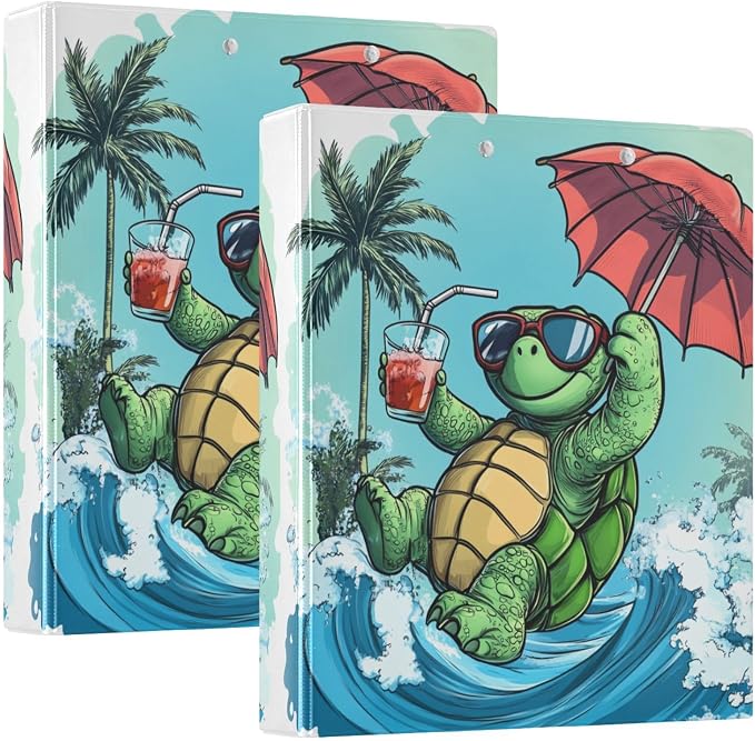 Funny Surfing Cool Turtle Binder 1.5 Inch Binder with Clipboard&Pockets, Hardcover Binders 3 Ring, Heavy Duty Large File Folder for Office School Supplies - Holds 200 Sheets, 2 Pack