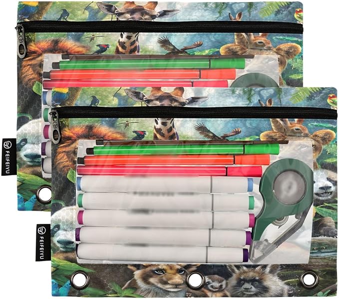 Animals Pencil Pouch for 3 Ring Binder, 2 Pack Waterproof Pencil Bags Clear Window Pencil Case Zipper School Office Supplies