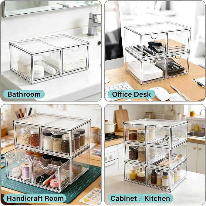 Prsildan Stackable Clear Makeup Organizer Acrylic Storage Drawers with 2 Drawers for Vanity Bathroom Office Desk Modular Drawer System for Cosmetics Jewelry Toiletries Home Organization