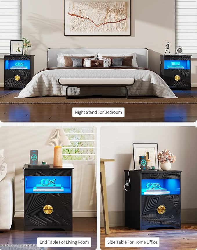 LED Nightstand Set 2 with Gun Drawer & Charging Station | 3-Color Lights & Human Body Sensor, Smart Charger Station, 2 DrawersHidden Storage, End Table Bedroom Livingroom