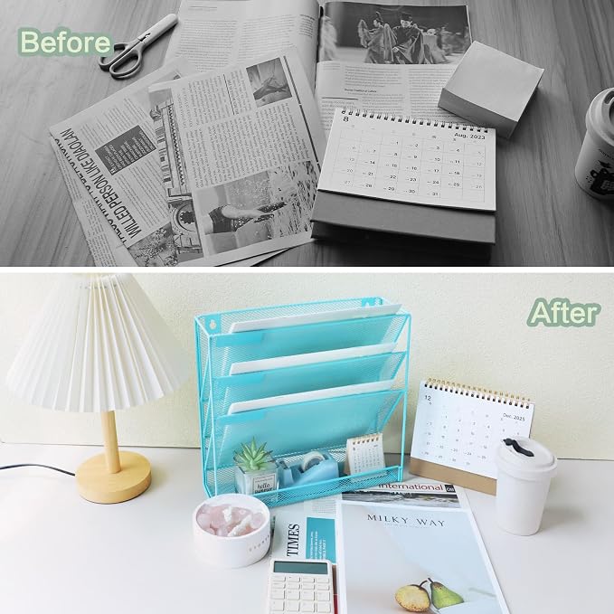 3 Pockets Mesh Wall File Holder Organizer with Bottom Flat Tray, Office Hanging File Folder Magazine Rack, Nametag Label Hooks Set Included, Blue