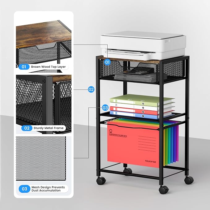 Cawukege 3 Tier Printer Stand, Small Mobile Table with Wheels, Printer Shelf Rolling Cart with Storage Desk Organizer Hanging File for Office Home, Brown