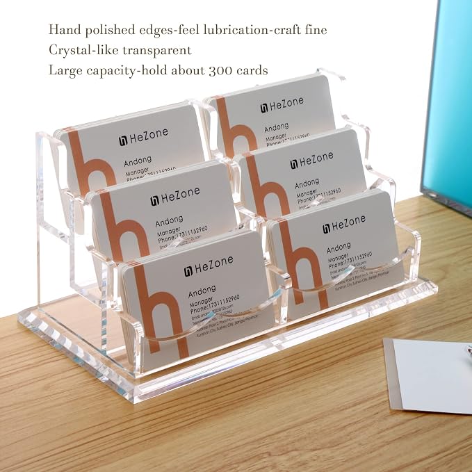 HeZone Business Cards Holder Display for Desk, Clear Acrylic Multiple 3 Tier 6 Slot Business Card Stand, Holds 300 Cards-1 Pack (6 Slots-H)