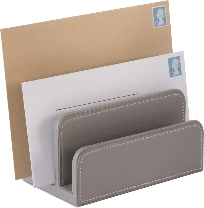 OSCO Faux Leather Mail Sorter & Envelope Organiser – Desk File Storage Stand with Display Slots – Modern Letter Holder Tray Minimalist Home & Office – Grey