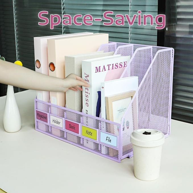 Desk Organizers, Metal Magazine File Holder with 5 Vertical Compartments Rack Binder File Organizer for Office Supplies, Home Workspace - Purple