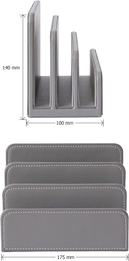 OSCO Faux Leather Mail Sorter & Envelope Organiser – Desk File Storage Stand with Display Slots – Modern Letter Holder Tray Minimalist Home & Office – Grey