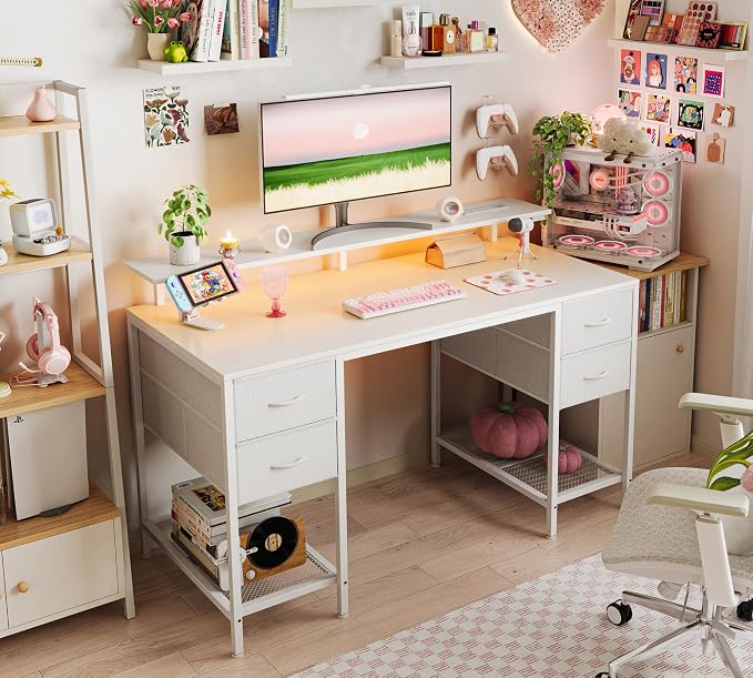 Huuger 47 inch Computer Desk with Power Outlets & 4 Drawers | Gaming Desk with LED Lights, Home Office Desk with Large Storage Space for Bedroom, Work from Home, White