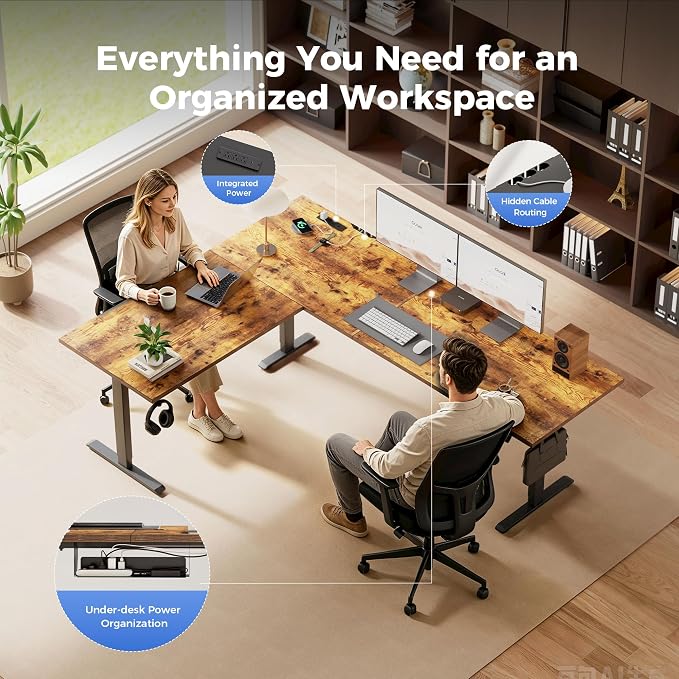 Agilestic 63 x 48 Inch L Shaped Standing Desk with Powerstrip, Rustic Brown | Outlets, Cable Management, Corner Desk, Ample Workspace, Memory Presets, Hooks, Stable Steel Frame,176 lbs, Splice Board